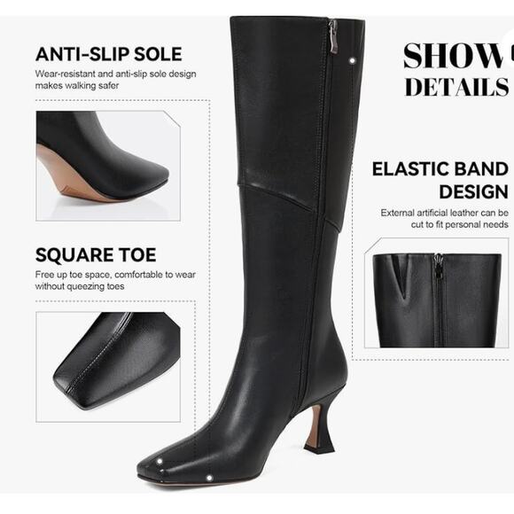 Coutgo Knee High Black Boots Women Square Toe Stiletto Heel Long NEW Sz 8.5 - Picture 6 of 6